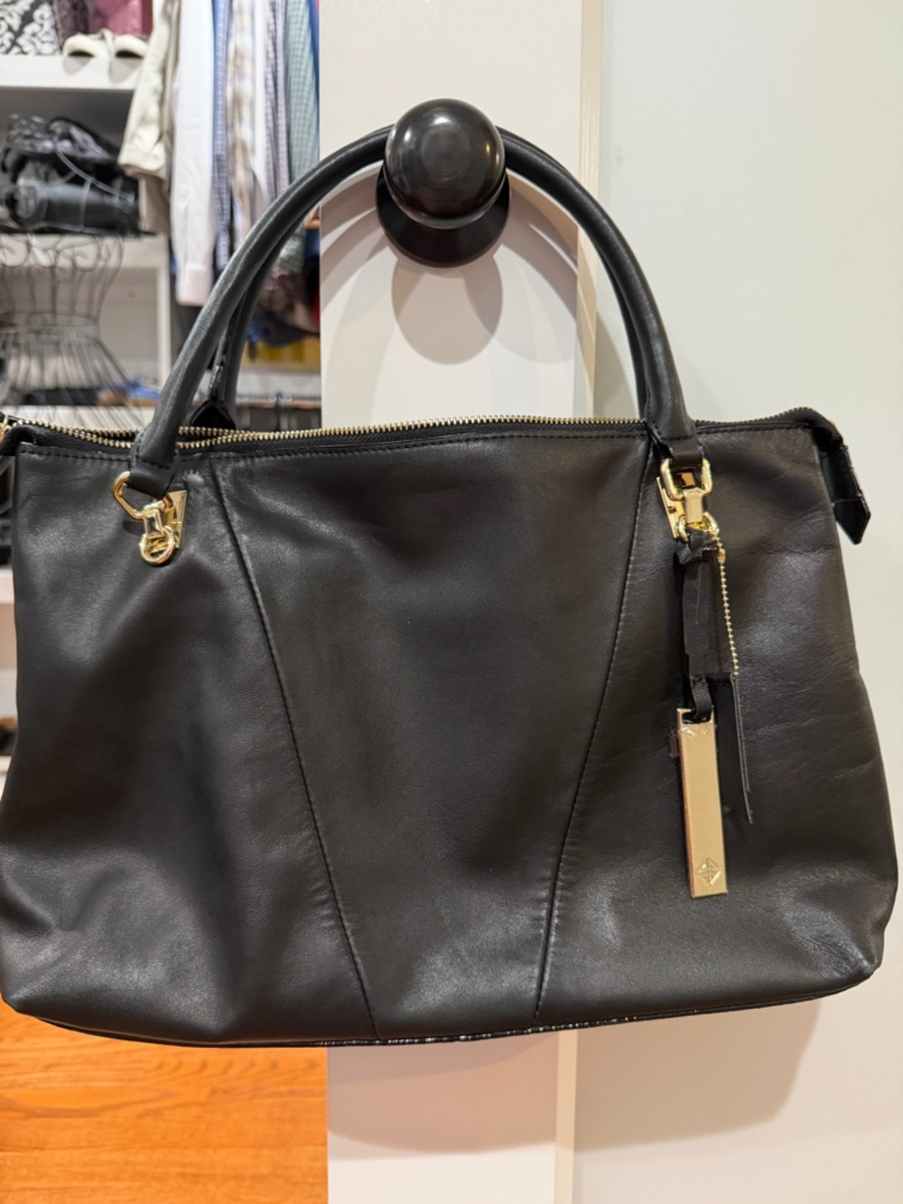 Antonio Melani Classic Black Leather Satchel Handbag with Gold Hardware